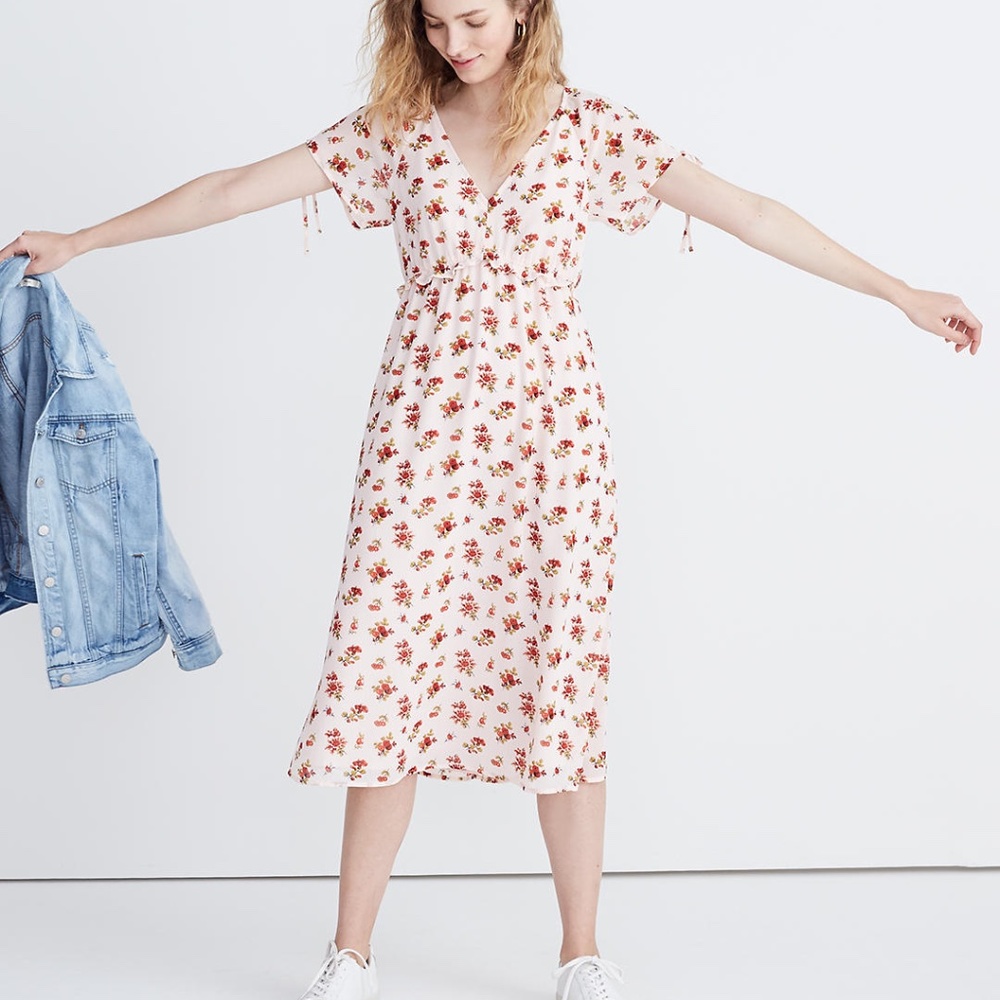 MADEWELL PINK RUFFLE-WAIST SHORT TIE-SLEEVE FLORAL LINED MIDI DRESS